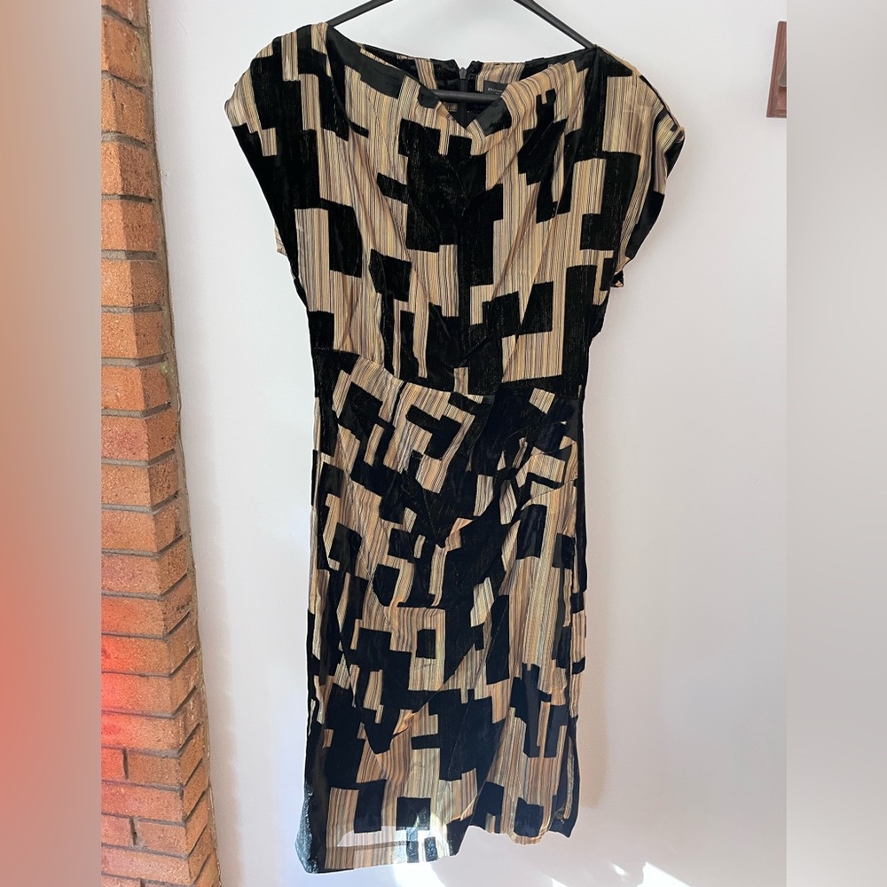 Donna Karan Black and Tan Abstract Midi Dress